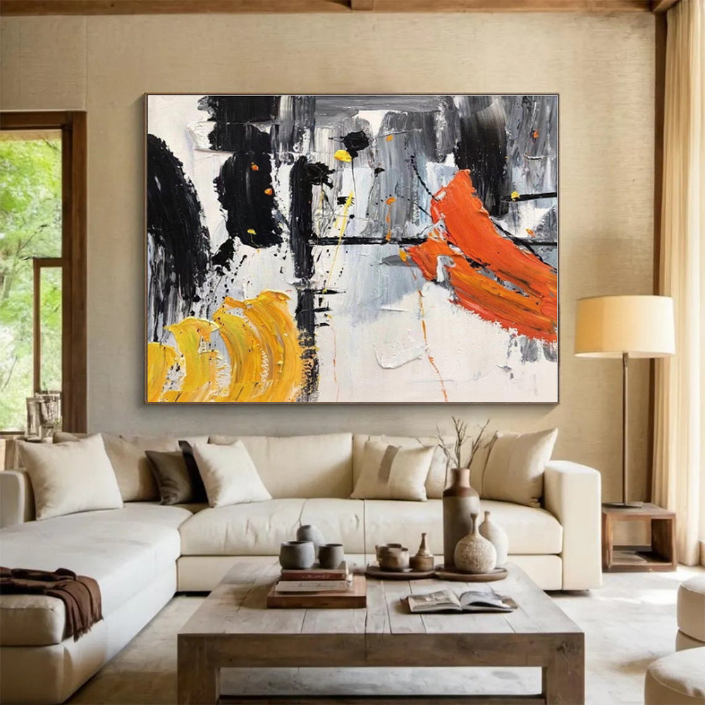 Large Size Black, White, Orange and Yellow Abstract Expressionist Painting WB061