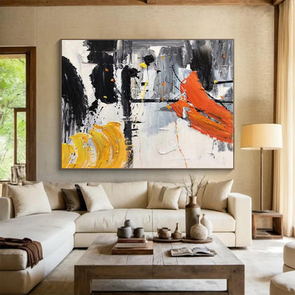 Large Size Black, White, Orange and Yellow Abstract Expressionist Painting WB061