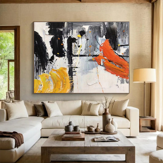 Large Size Black, White, Orange and Yellow Abstract Expressionist Painting WB061