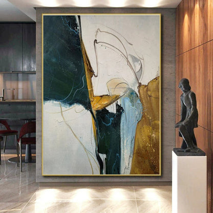 Unique Abstract Art Green, Gold, and White Dynamic Abstract Painting On Canvas HS810