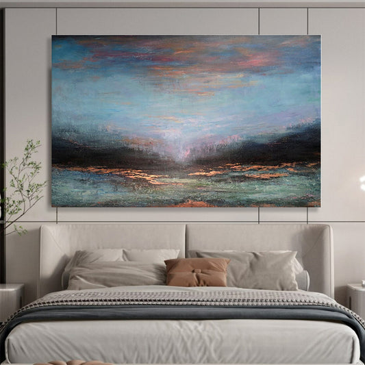 Big Size Blue, Pink and Bronze Abstract Landscape Painting WB141