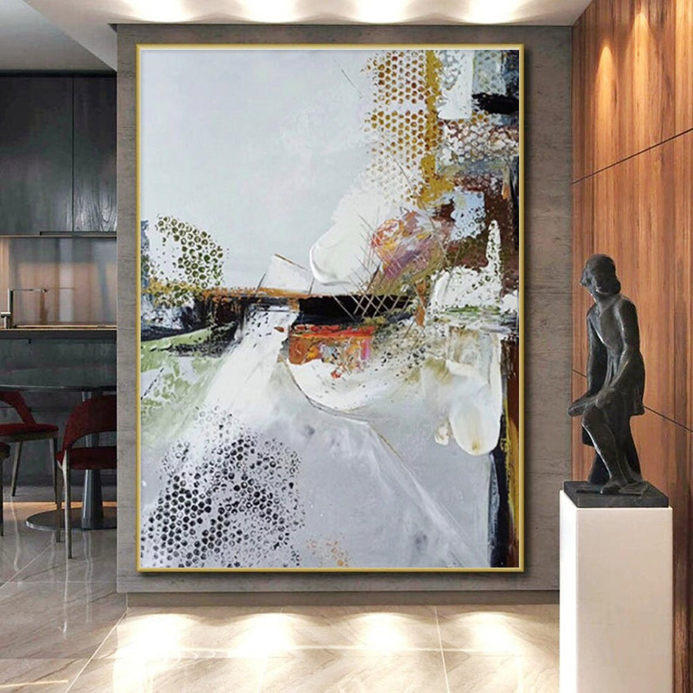 Hand-Painted White, Gold & Multicolor Textured Abstract, Large Painting In Living Room HS218