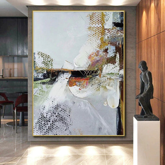 Hand-Painted White, Gold & Multicolor Textured Abstract, Large Painting In Living Room HS218