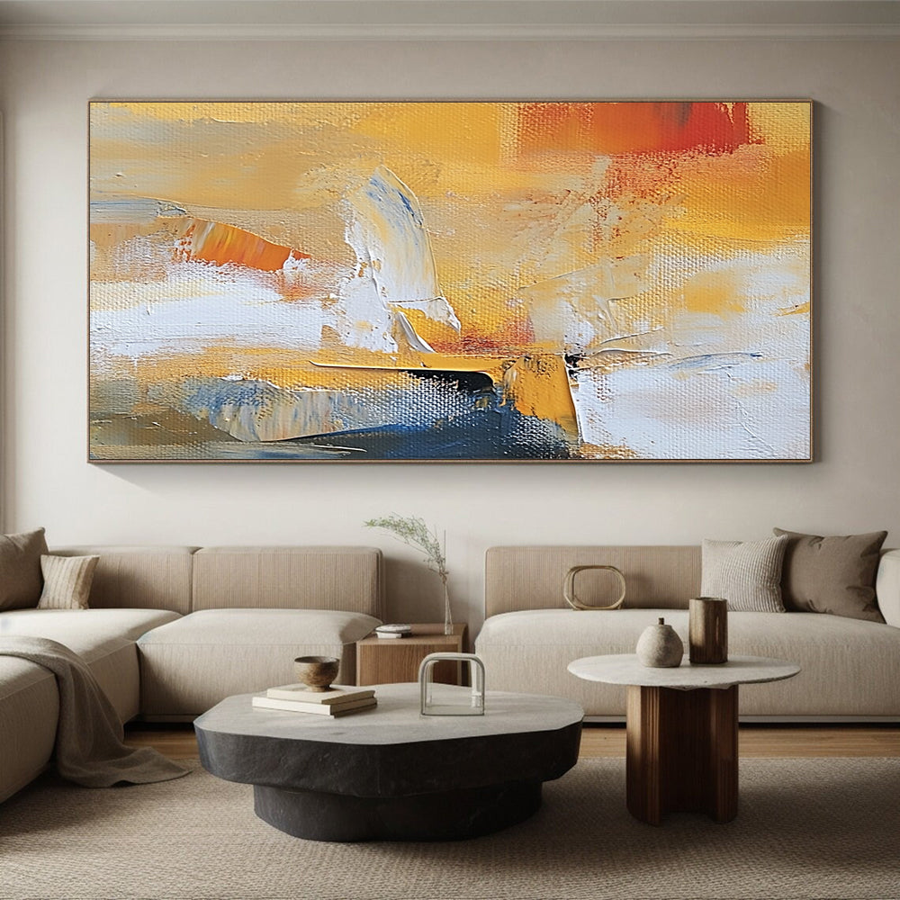 Oversized Abstract Wall Art Yellow, White, and Blue Abstract Expressive Painting For Sale HS148