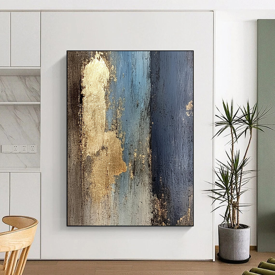 Handmade Art Blue, Black, and Gold Textured Abstract Art HS184
