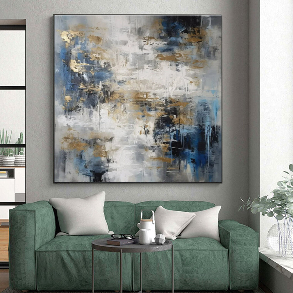 Cool Abstract Paintings Blue, Gray, and Gold Textured Abstract Art HS746
