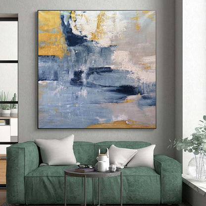 Hand Painted Art Blue, Gold & Gray Textured Abstract, Acrylic Modern Art Painting HS248
