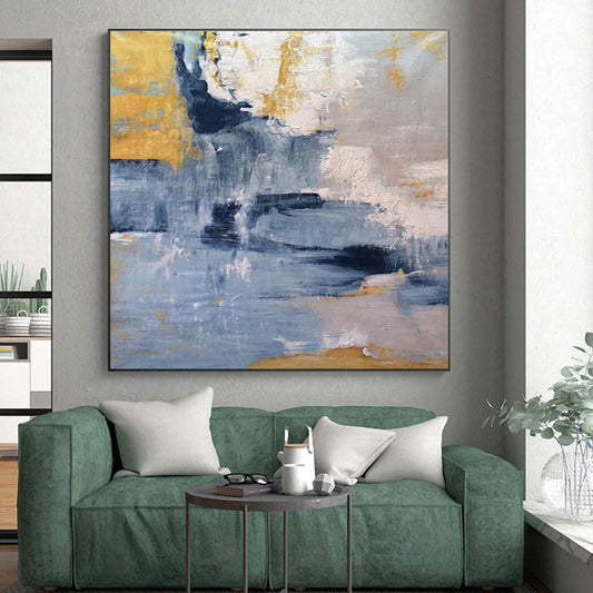 Hand Painted Art Blue, Gold & Gray Textured Abstract, Acrylic Modern Art Painting HS248