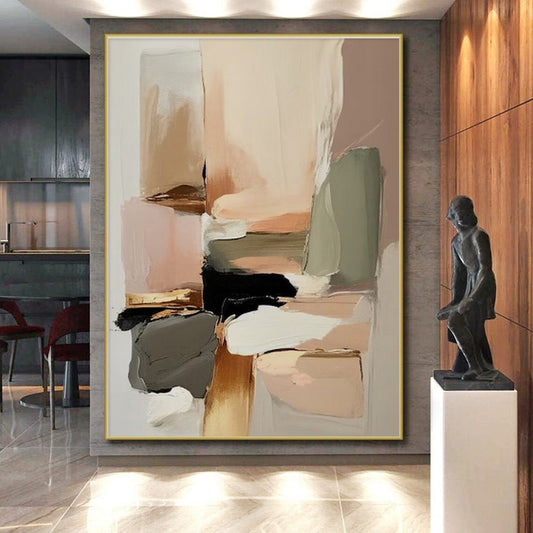 Acrylic Modern Art Paintings Soft Neutral and Bold Black Shapes HS576