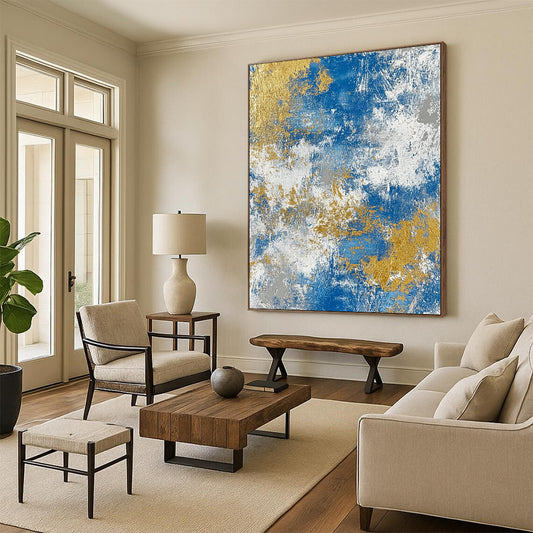 Handmade Art Blue, White, and Gold Abstract Textured Painting For Sale HS118