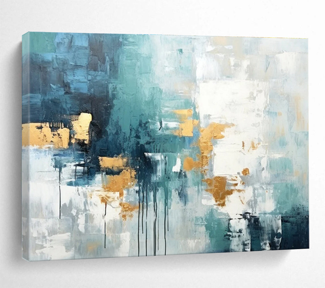 Extra Large Size Teal, Gold and White Abstract Expressionist Painting WB204