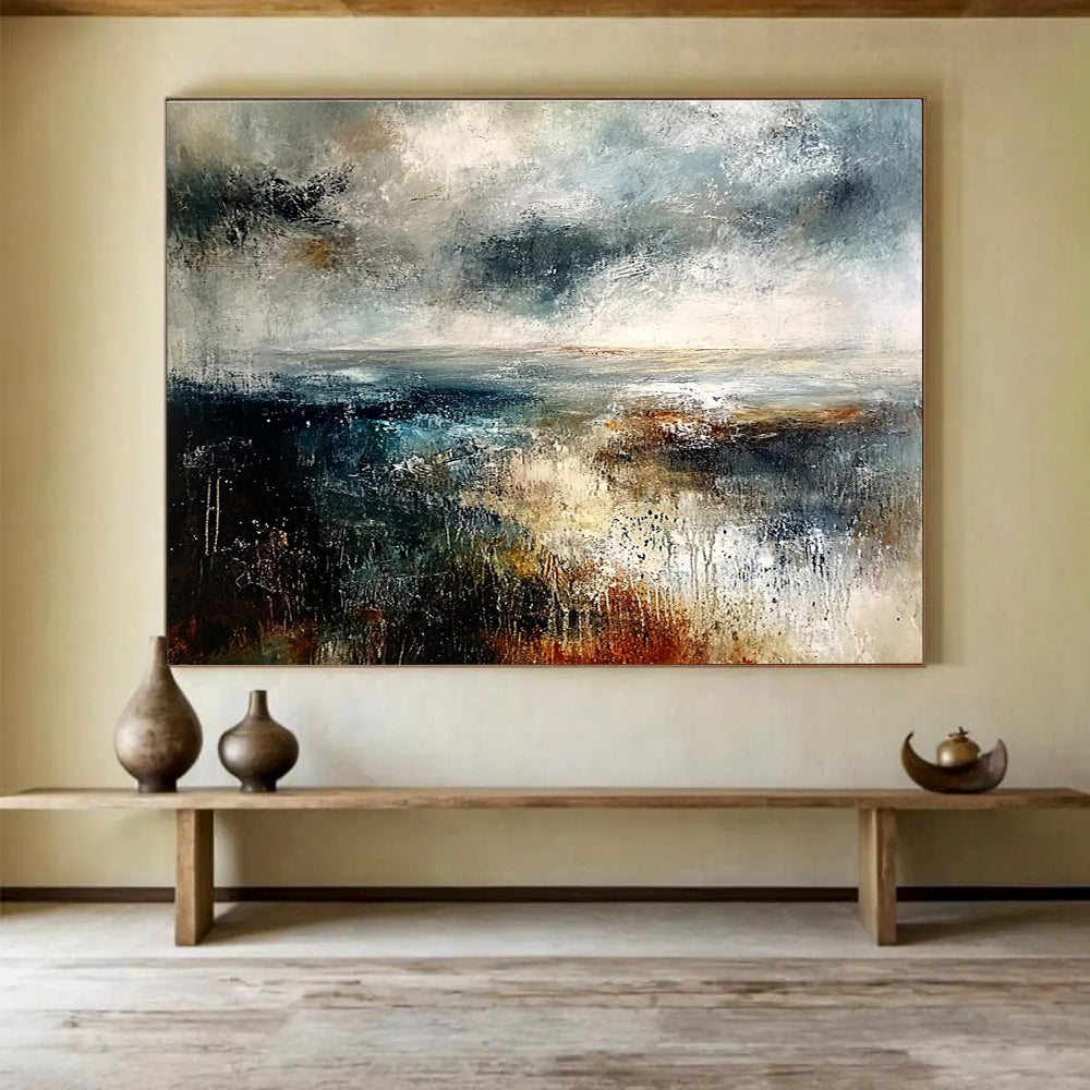 Extra Large Size Gray, Blue, and Brown Abstract Stormy Seascape - Acrylic Painting WB279