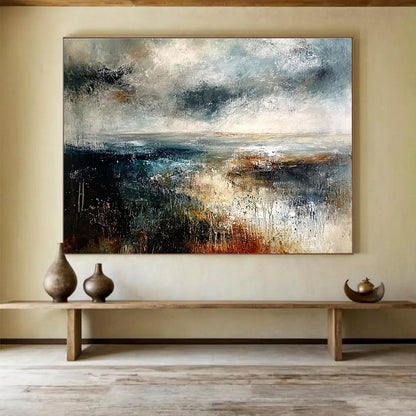 Extra Large Size Gray, Blue, and Brown Abstract Stormy Seascape - Acrylic Painting WB279