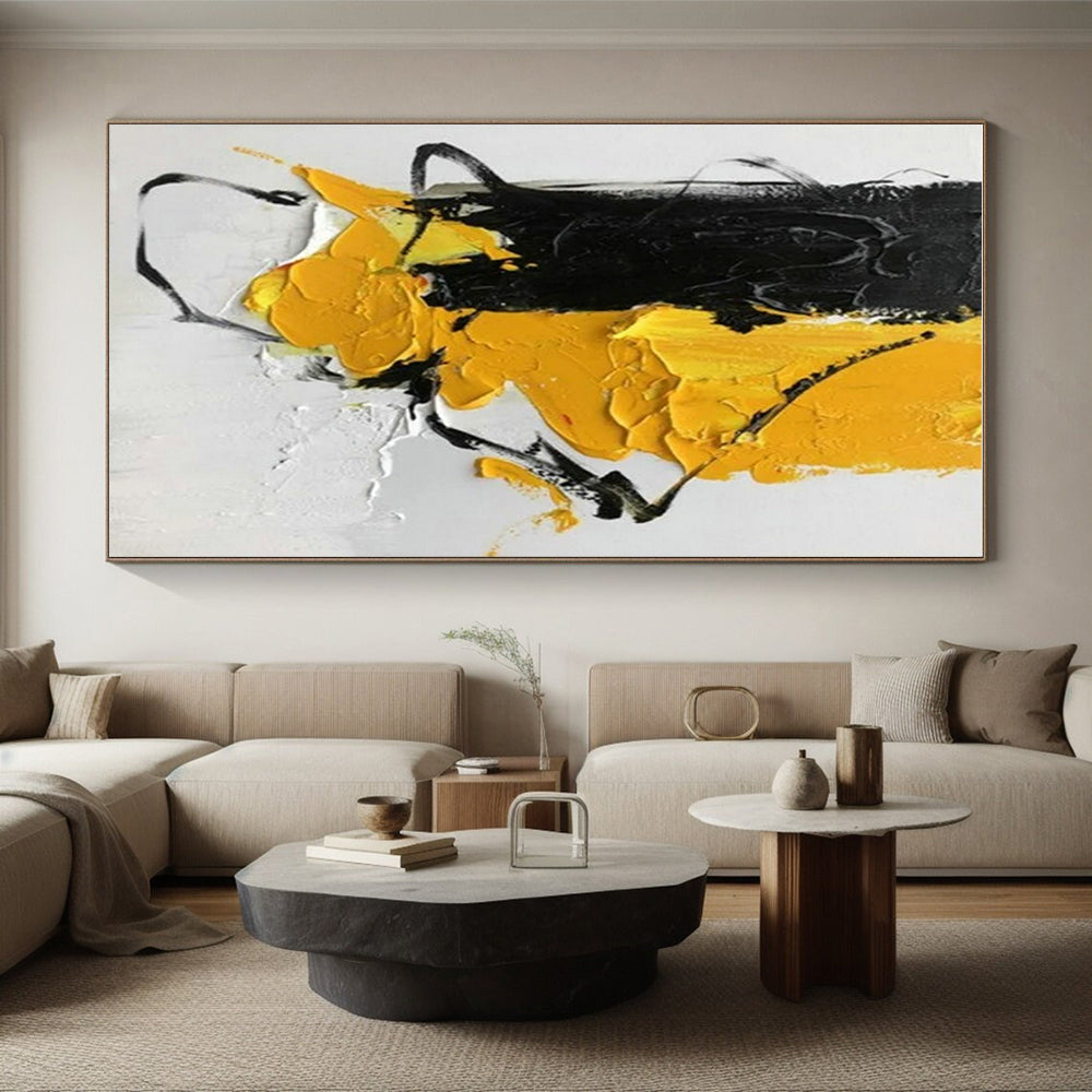 Hand-Painted Acrylic Modern Art Painting with Black, Yellow, White Textured Brushstrokes - Cool Abstract Paintings HS521