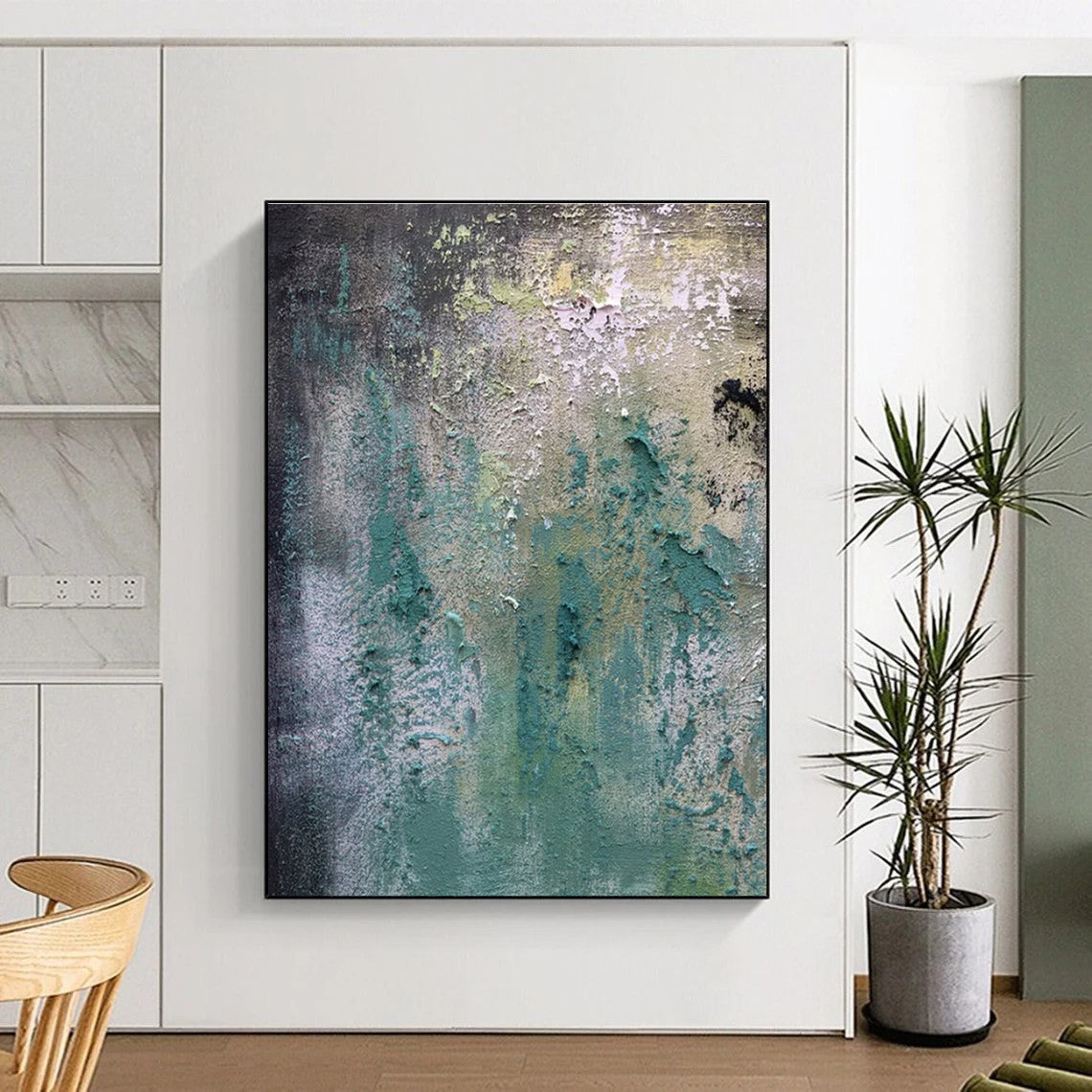 Hand Painted Art Teal, Green, and Gray Textured Abstract Painting On Canvas HS783