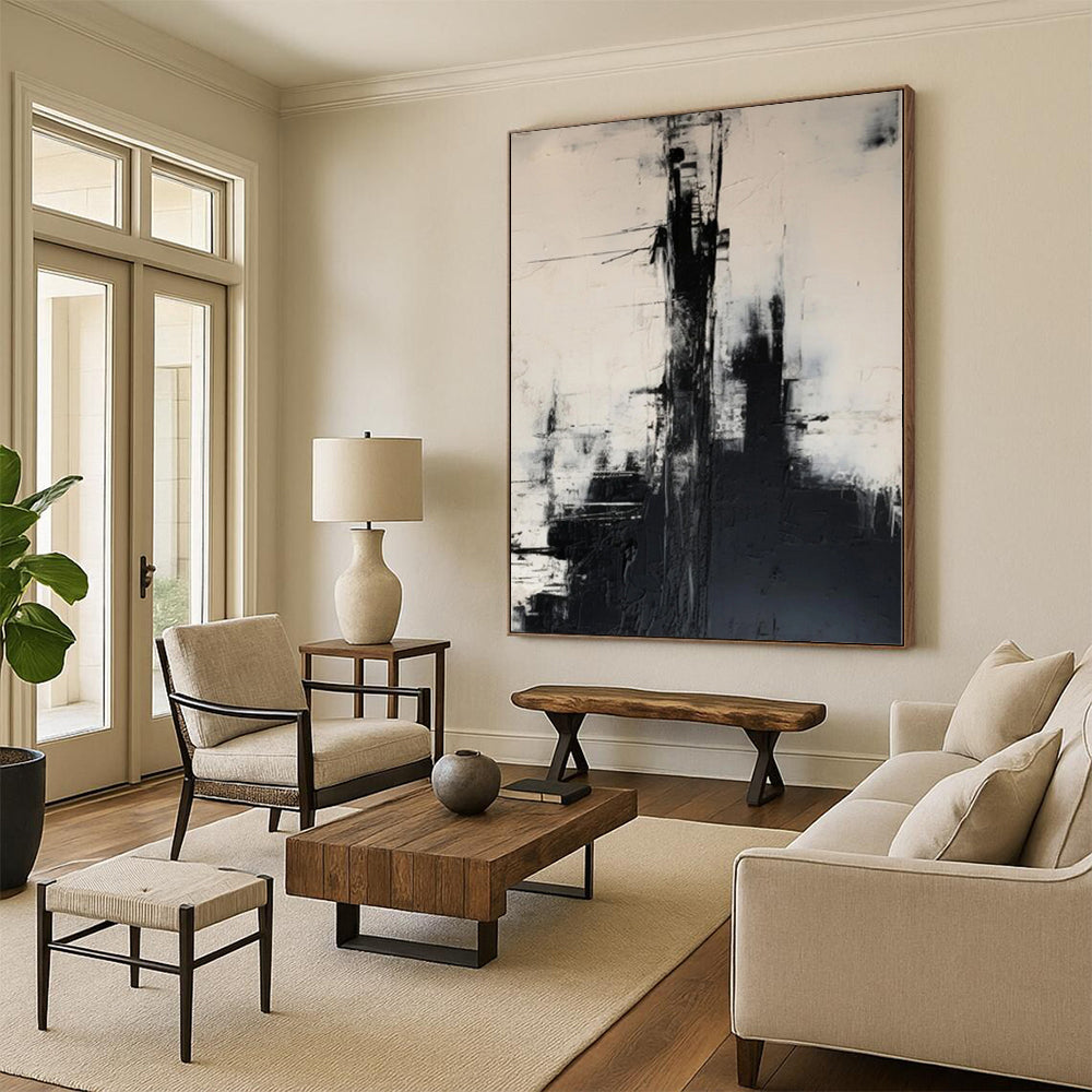Hand-Painted Black and White Abstract Urban Landscape Painting For Sale HS056