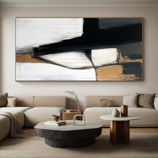 Acrylic Modern Art Paintings Black, White, and Gold Abstract Shape Painting For Sale HS154