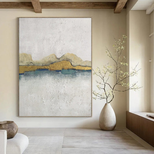 White, Gold, and Blue Textured Mountain Abstract Painting For Sale Online WS468