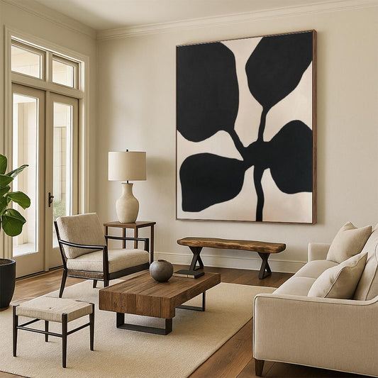 Hand Painted Art Black and Beige Floral Abstract Art HS641