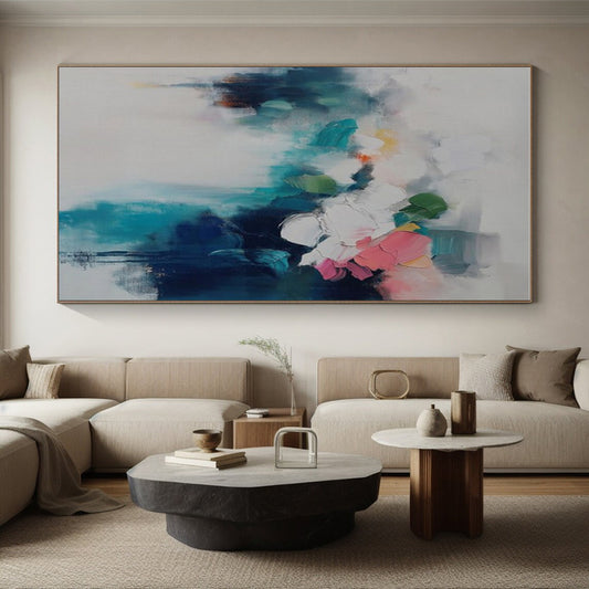 Acrylic Modern Art Paintings Teal, Pink, and White Floral Abstract Art HS718