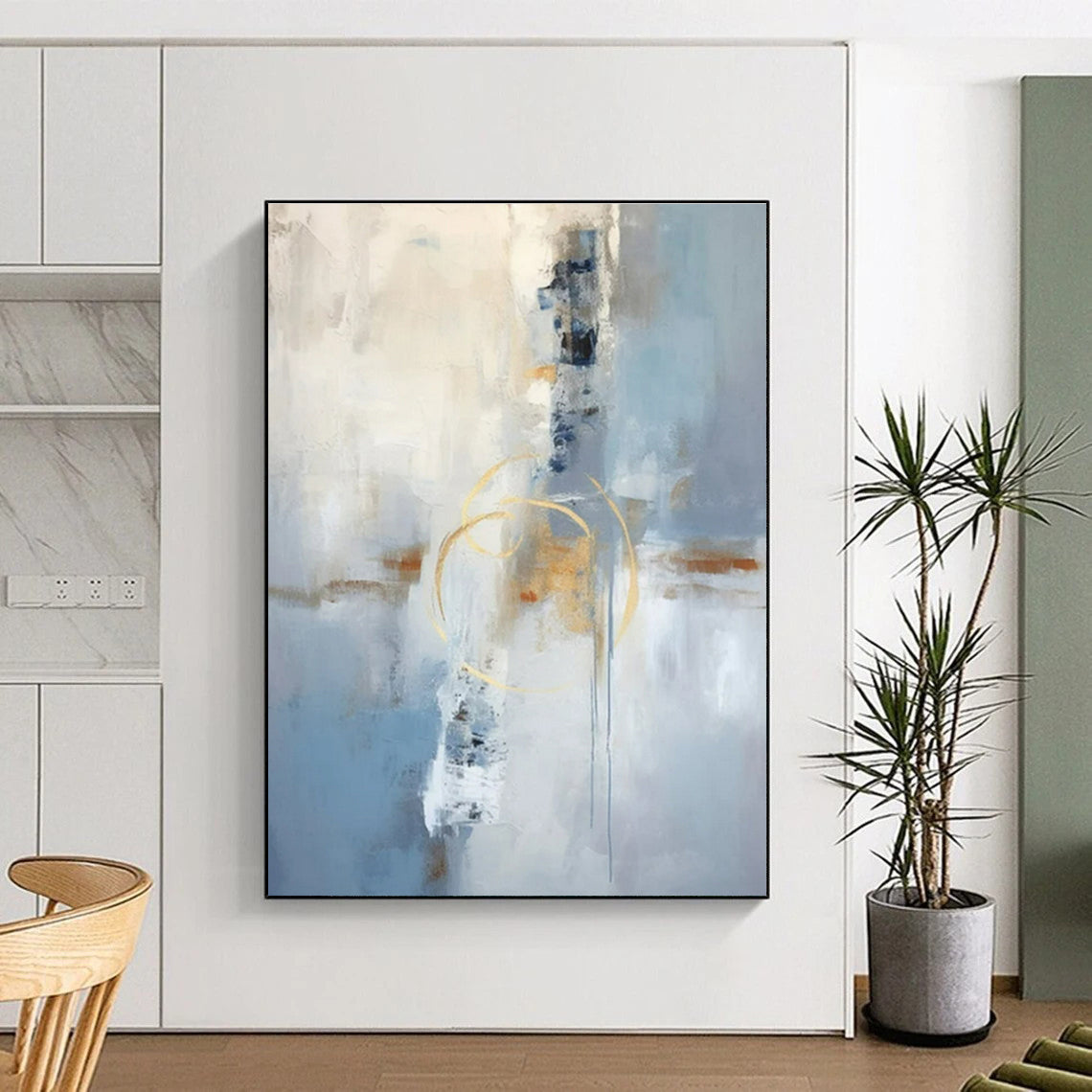 Hand Painted Art Blue, Gray, and Gold Textured Abstract Art HS752