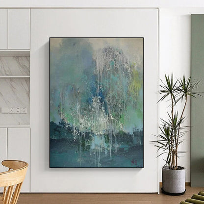 Hand-Painted Blue, Green, and White Abstract Dripping Painting For Sale HS044