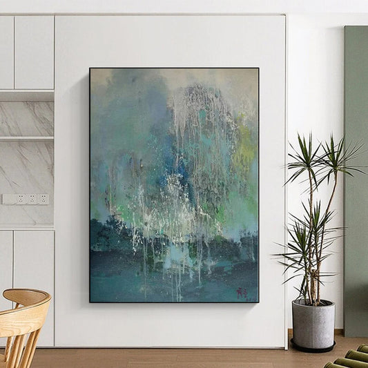 Hand-Painted Blue, Green, and White Abstract Dripping Painting For Sale HS044