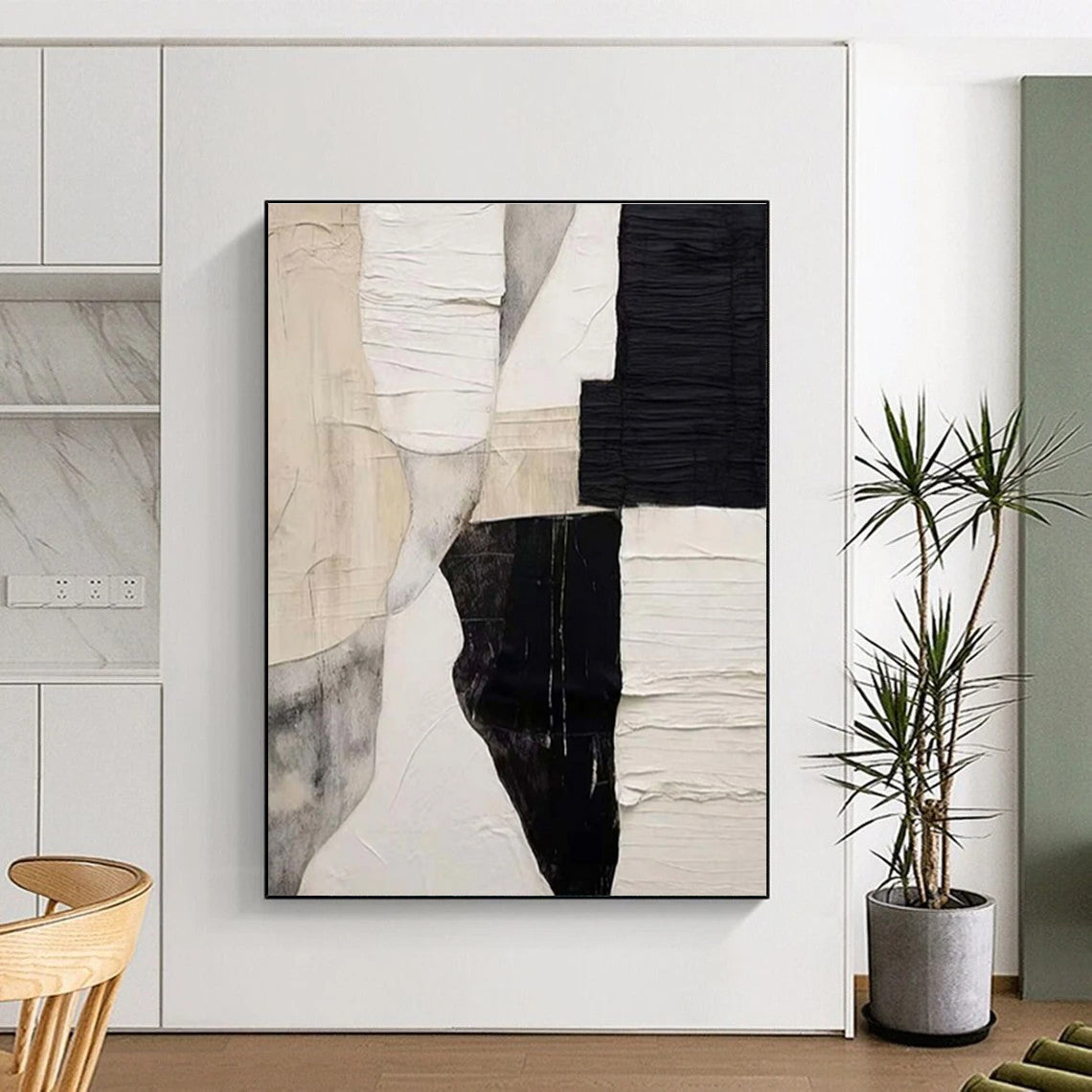 Hand-Painted Black & White Textured Abstract, Acrylic Modern Art Painting HS331