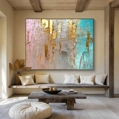 Big Size Gold, Silver, Teal, and Pink Abstract Textured Art - Acrylic Painting WB276