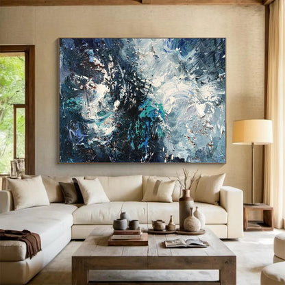 Handmade Art Blue, Teal, and White Textured Abstract Art HS756