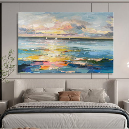 Blue, Pink, Yellow Abstract Seascape with Sailboats Acrylic Painting WB040