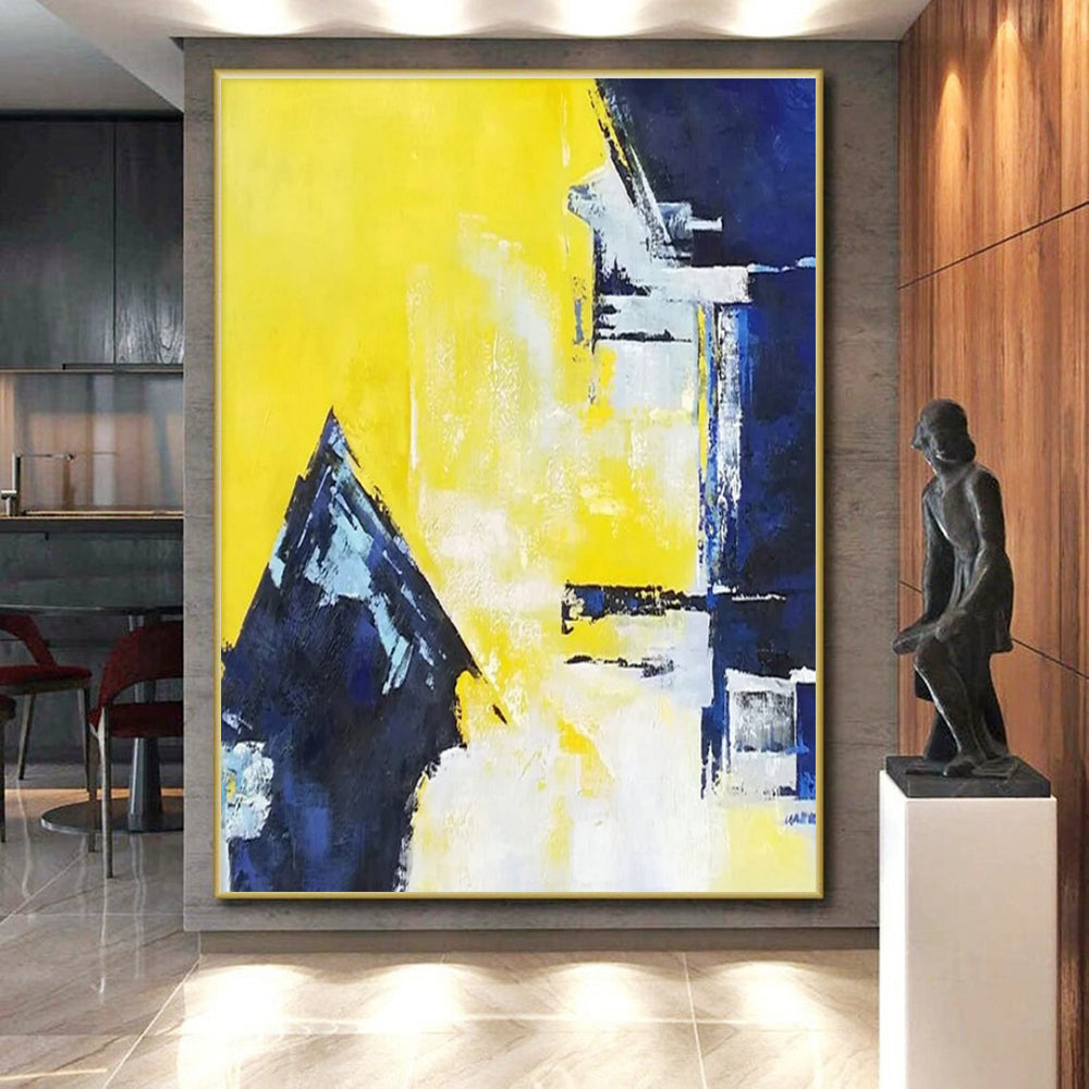 Cool Abstract Paintings Yellow, Blue, and White Geometric Abstract Painting On Canvas HS803