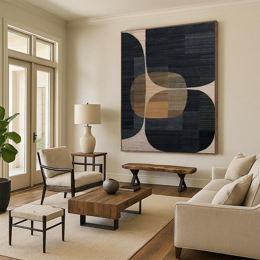 Unique Abstract Art Black, Brown & Beige Geometric Abstract, Large Contemporary Wall Art HS332