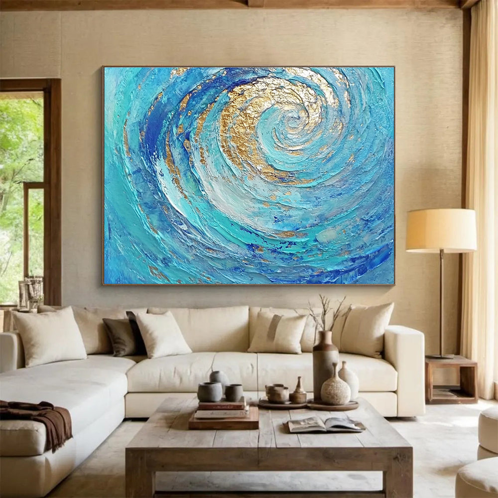 Oversized Canvas Art in Blue and Gold Textured Spiral Abstract Style WB257