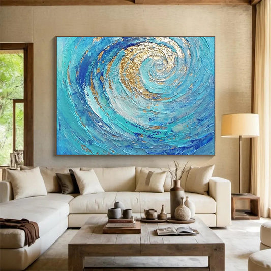 Oversized Canvas Art in Blue and Gold Textured Spiral Abstract Style WB257