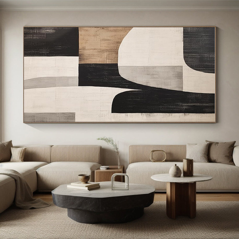 Unique Abstract Art Black, Beige, and Gray Geometric Abstract Art HS763