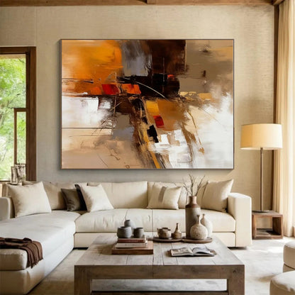 Hand-Painted Acrylic Modern Art Paintings with Brown, Gray, White Dynamic Shapes - Oversized Abstract Wall Art HS519