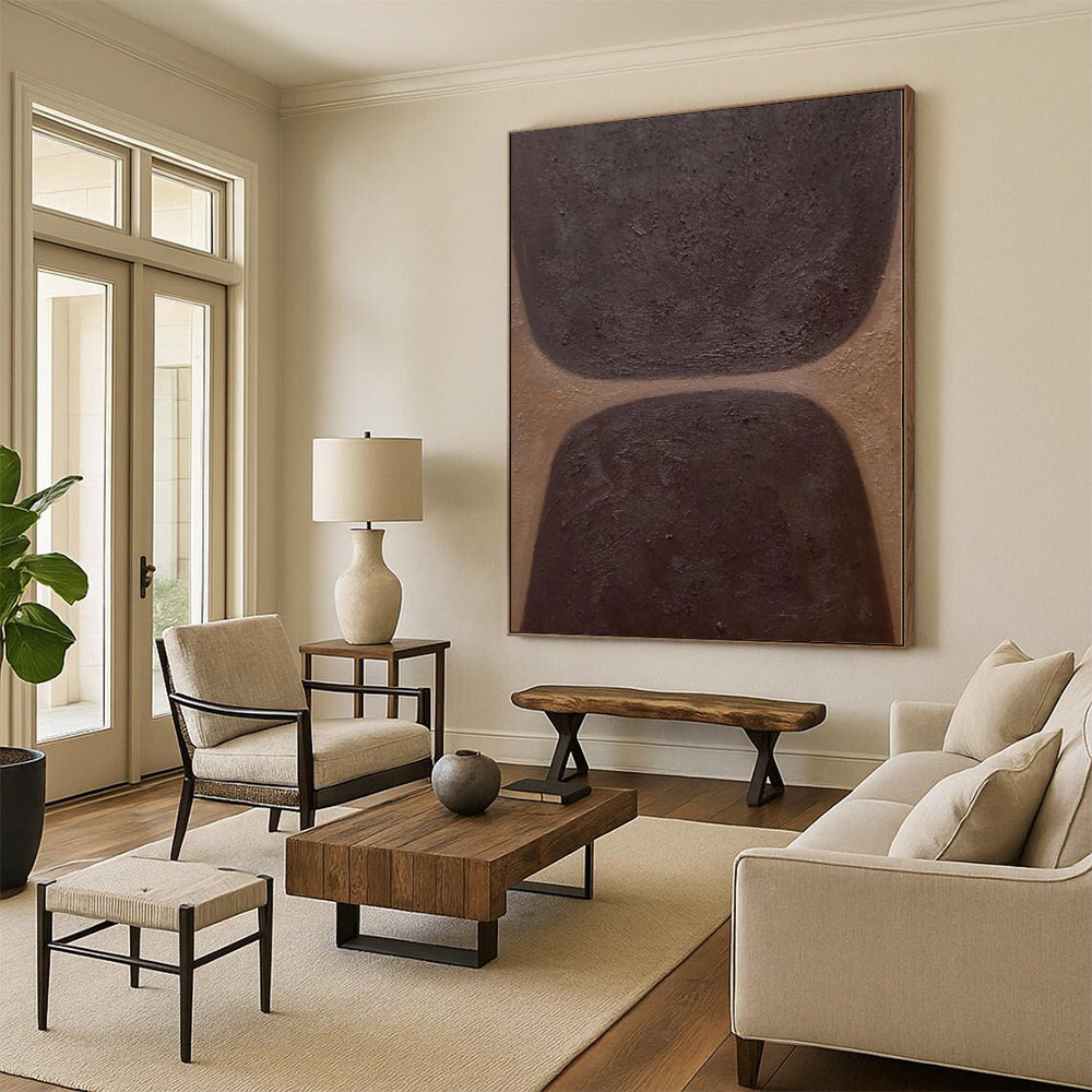 Hand-Painted Brown and Dark Brown Abstract Shape Painting For Sale HS032