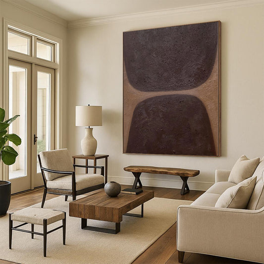 Hand-Painted Brown and Dark Brown Abstract Shape Painting For Sale HS032