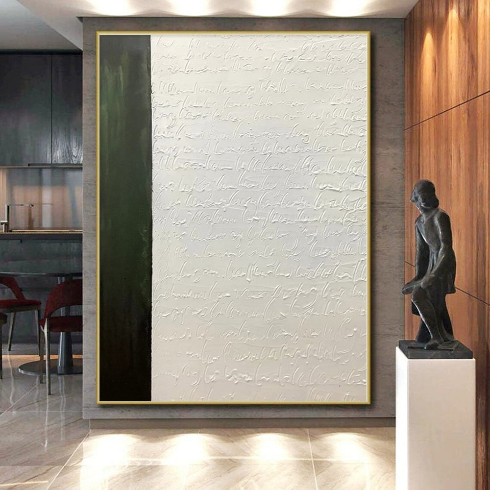 Hand-Painted Green and White Abstract Textured Script Painting For Sale HS041