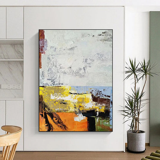 Giant Canvas Art White, Yellow & Orange Abstract, Oversized Abstract Wall Art HS206