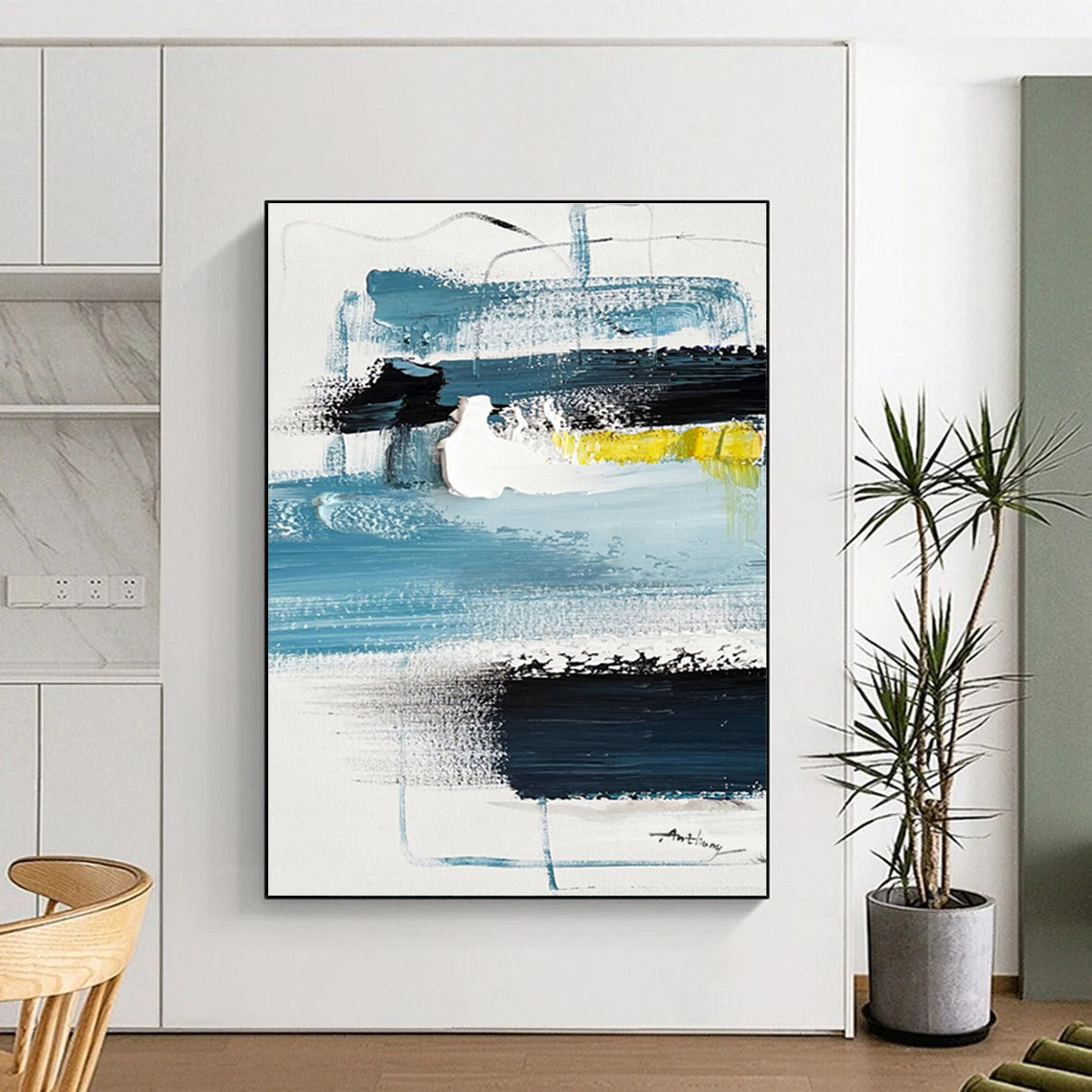 Modern Art Acrylic with Blue, Black, White and Yellow Colors, Abstract Urban Theme HS462