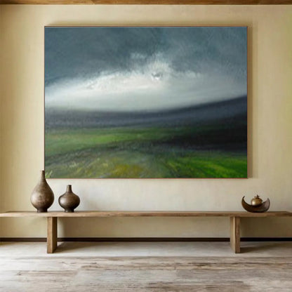 Horizontal Gray and Green Abstract Landscape, Abstract Acrylic Painting WB166