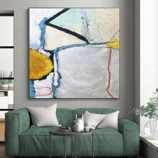 Handmade Art Gray, Yellow, and Blue Geometric Abstract Painting On Canvas HS826
