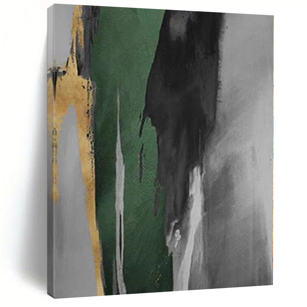 Hand-Painted Green, Black, and Gold Abstract Vertical Strokes Painting For Sale HS002