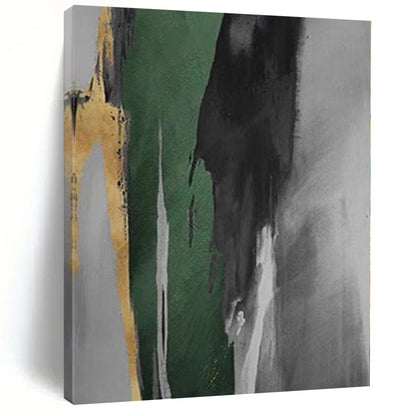 Hand-Painted Green, Black, and Gold Abstract Vertical Strokes Painting For Sale HS002