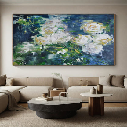 Hand Painted Art White Floral on Blue Abstract Painting HS608