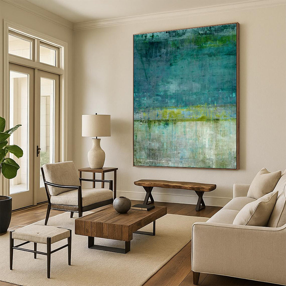 Teal, Green, and Beige Abstract Textured Painting For Sale WS513