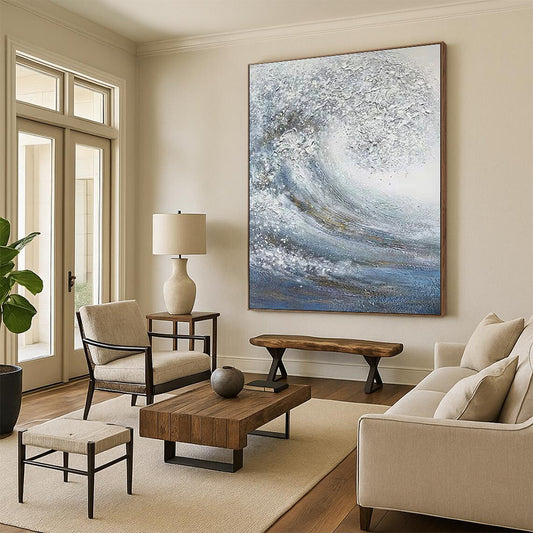 Hand Painted Art Blue & White Textured Wave Abstract, Acrylic Modern Art Painting HS258