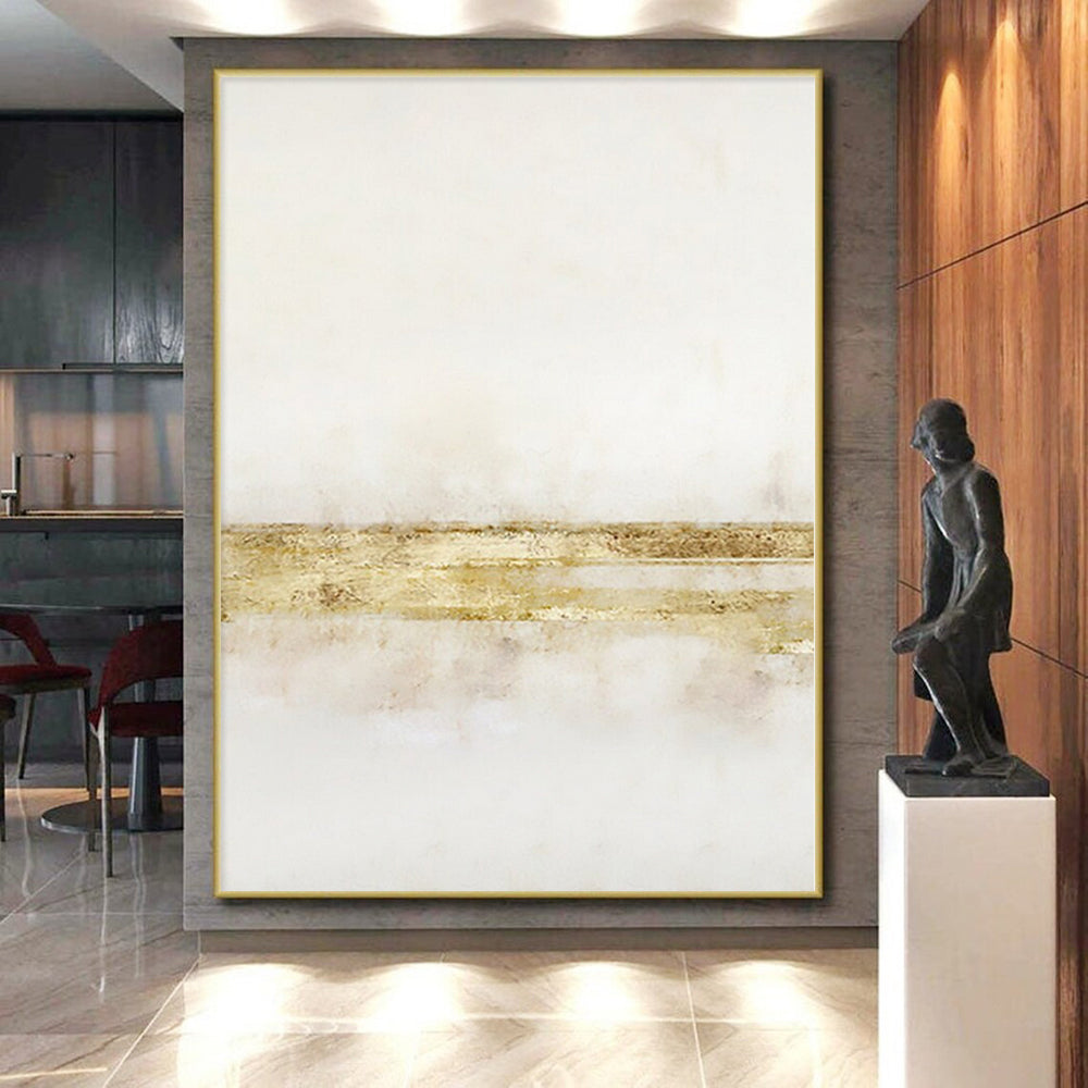 Hand-Painted White and Gold Abstract Minimalist Painting For Sale HS091